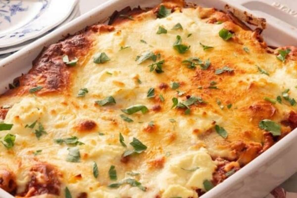 Cheesy Baked Ground Sausage & Pasta, homemade and freshly served
