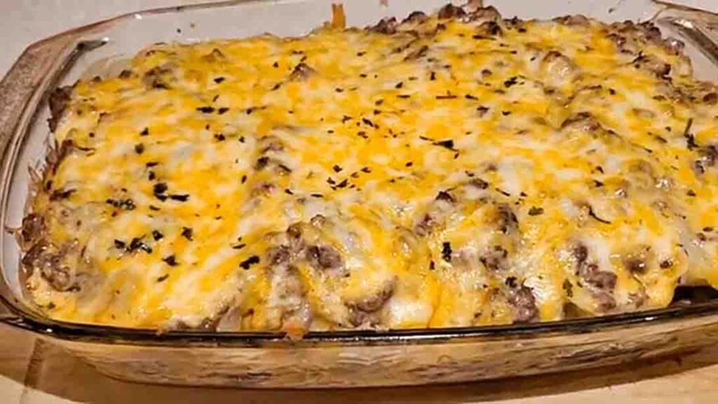 Cheesy Beef and Potato Casserole, homemade and freshly served