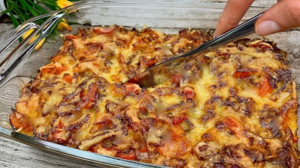 Cheesy Grated Potato Casserole, homemade and freshly served