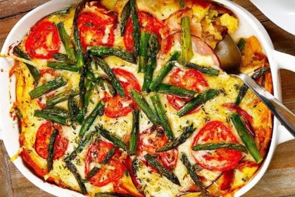 Cheesy Ham and Asparagus Casserole, homemade and freshly served