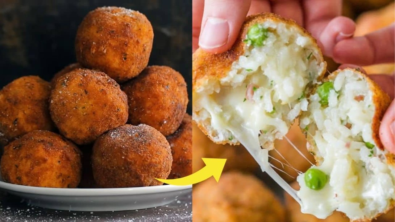 Cheesy Rice Balls Arancini Recipe Cheesy rice balls party appetizer, crisp golden arancini cut open to show melted mozzarella and peas