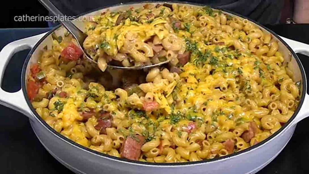 Cheesy Sausage and Pasta Skillet, homemade and freshly served