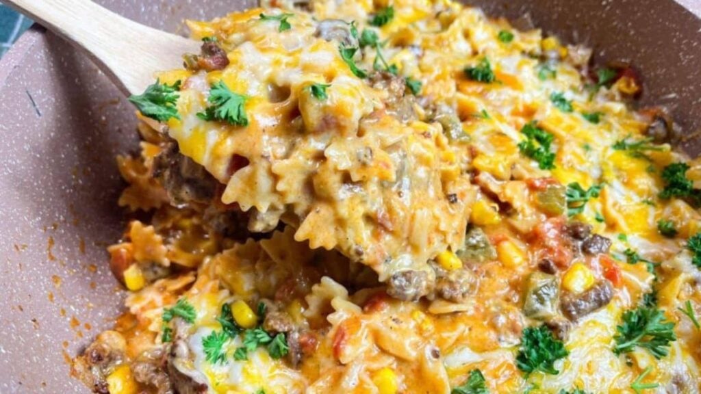 Cheesy Sloppy Joe Pasta Casserole, homemade and freshly served