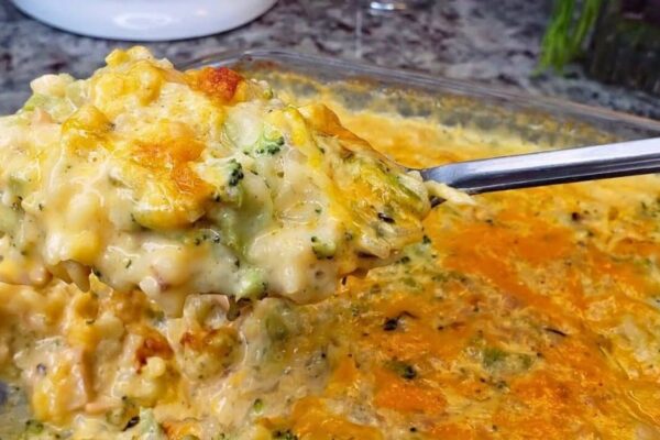 Chicken Broccoli Cheese Rice Casserole, homemade and freshly served
