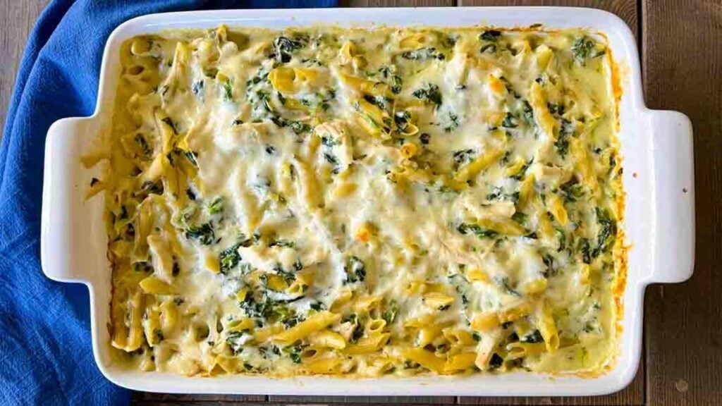 Chicken and Spinach Alfredo Casserole, homemade and freshly served