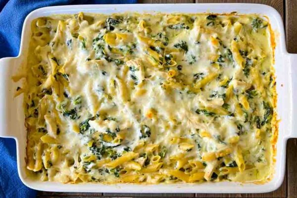 Chicken and Spinach Alfredo Casserole, homemade and freshly served