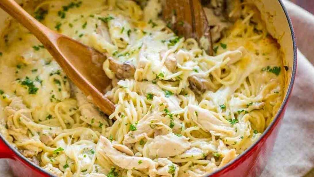 Easy Chicken Tetrazzini Casserole, homemade and freshly served