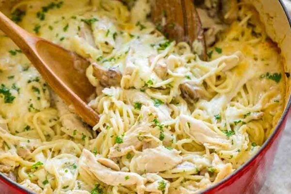 Easy Chicken Tetrazzini Casserole, homemade and freshly served