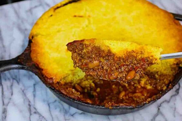 Chili Cornbread Casserole, homemade and freshly served