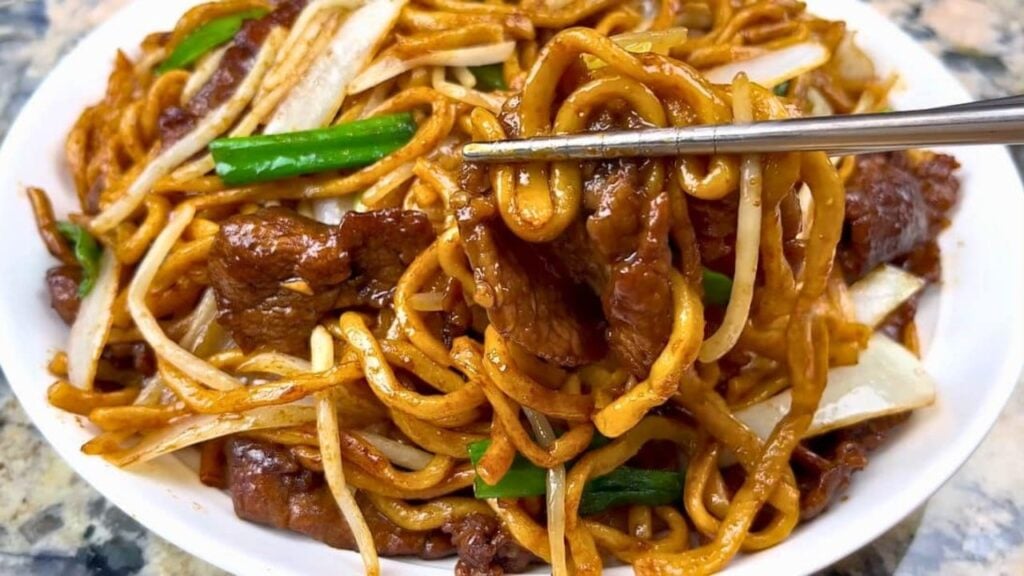 Chinese Takeout Beef Chow Mein, homemade and freshly served