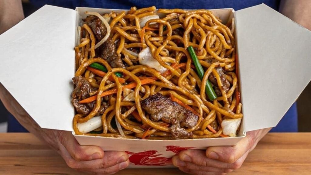 Chinese Takeout Beef Lo Mein, homemade and freshly served