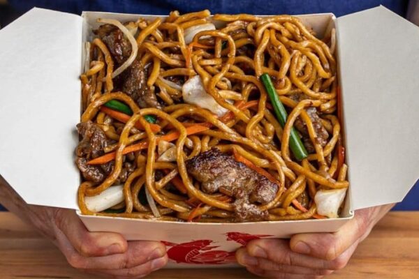Chinese Takeout Beef Lo Mein, homemade and freshly served