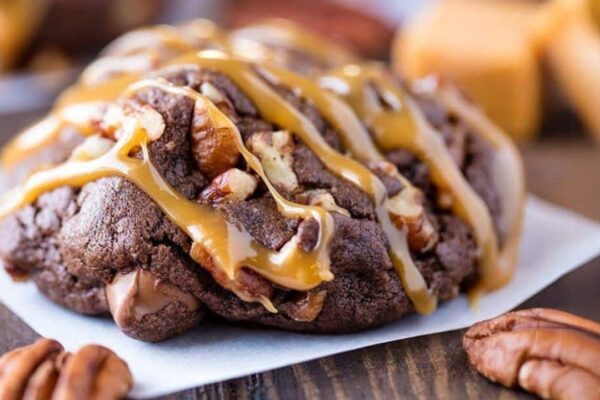 Chocolate Turtle Cookies, homemade and freshly served
