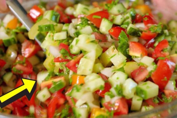 Chopped Tomatoes, Cucumber and Onion Salad, homemade and freshly served
