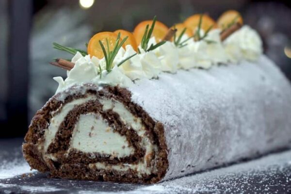 Christmas Gingerbread Yule Log, homemade and freshly served