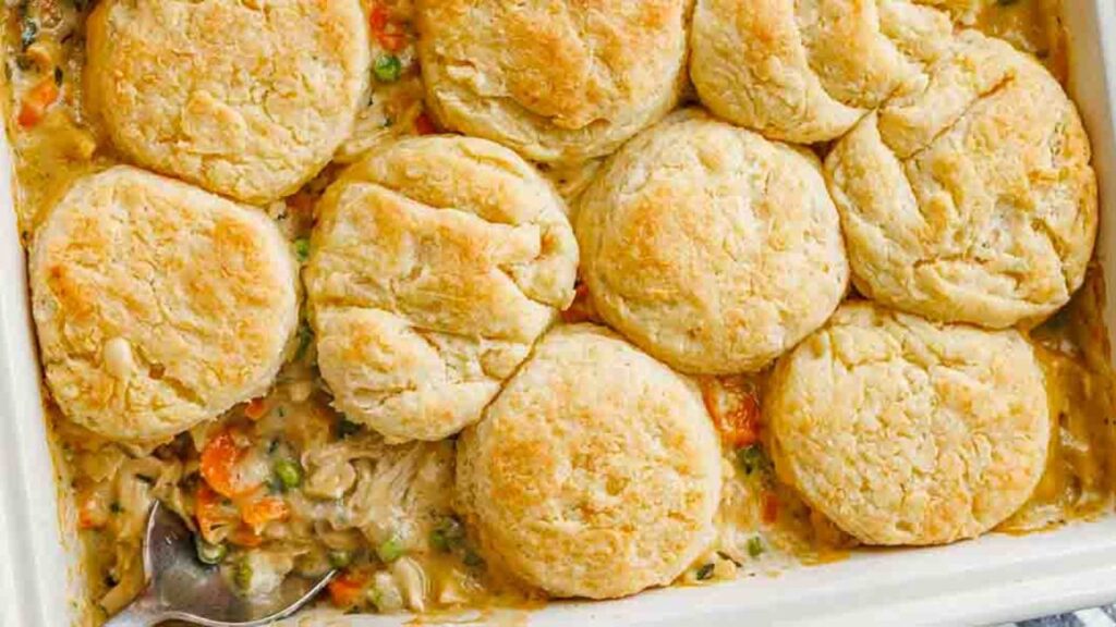 Classic Chicken Pot Pie Casserole, homemade and freshly served