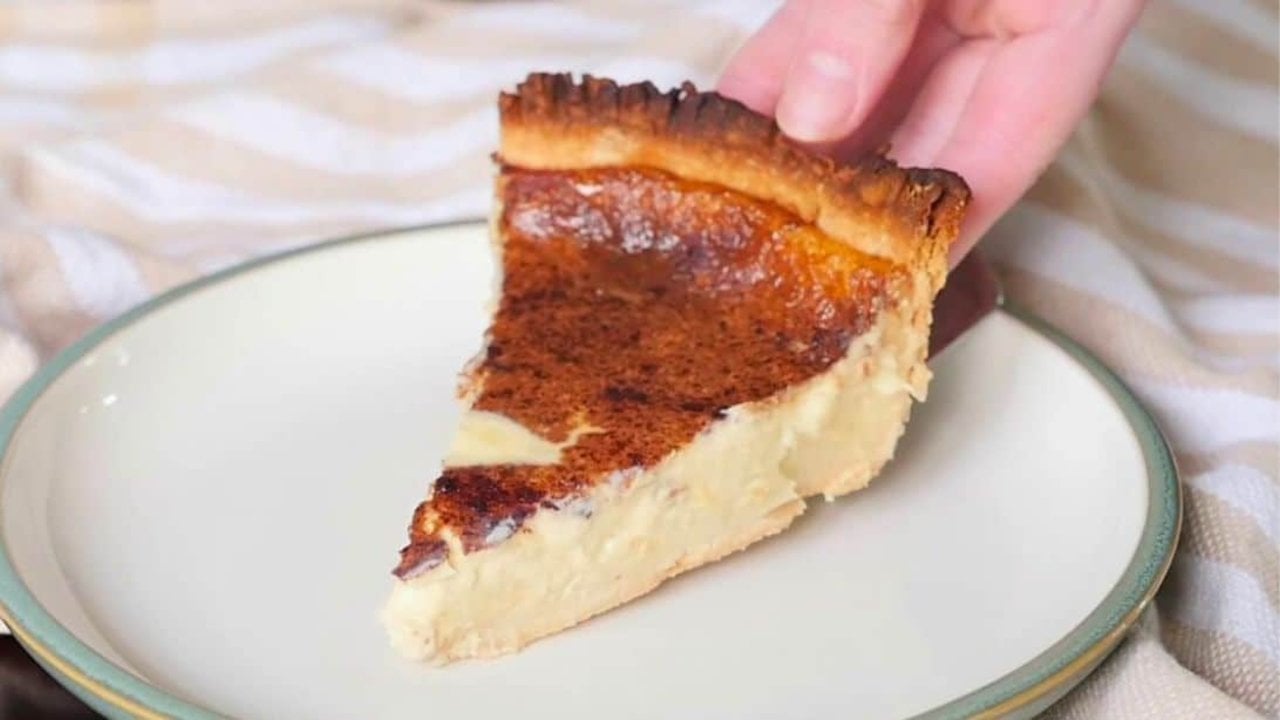 Classic sugar cream pie with a smooth cinnamon dusted custard filling set in a golden baked pie crust