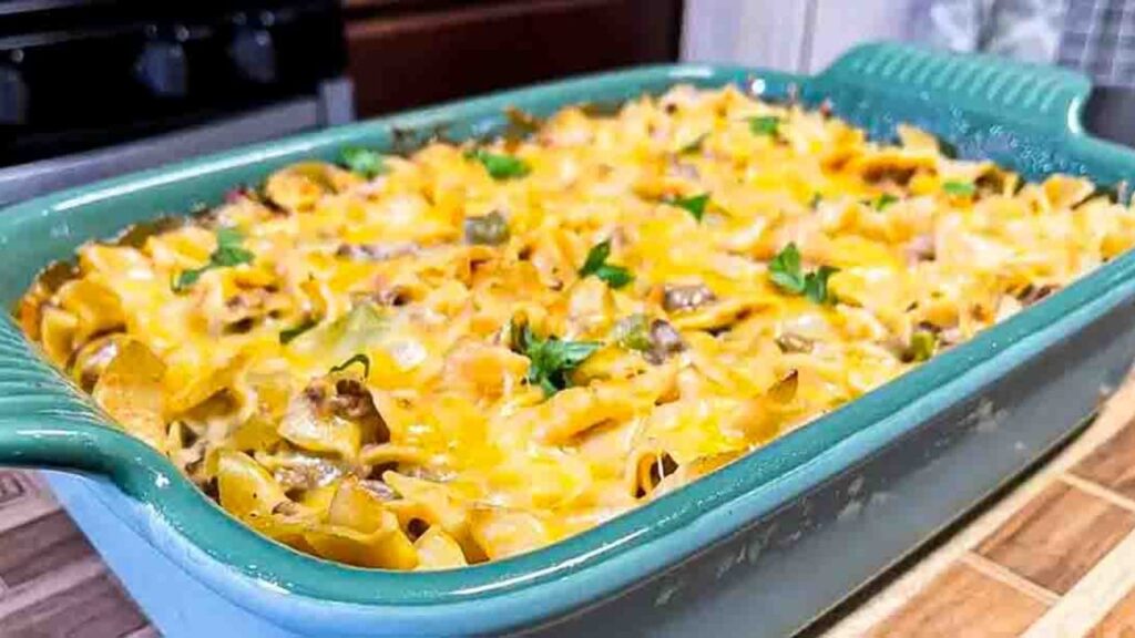 Country Ground Beef and Tomato Casserole, homemade and freshly served