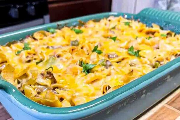 Country Ground Beef and Tomato Casserole, homemade and freshly served