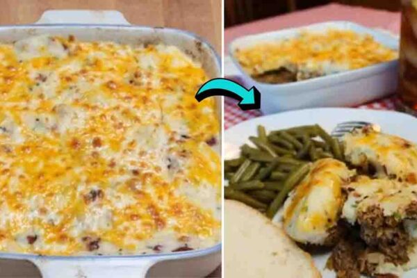 Cowboy Meatloaf and Potato Casserole, homemade and freshly served