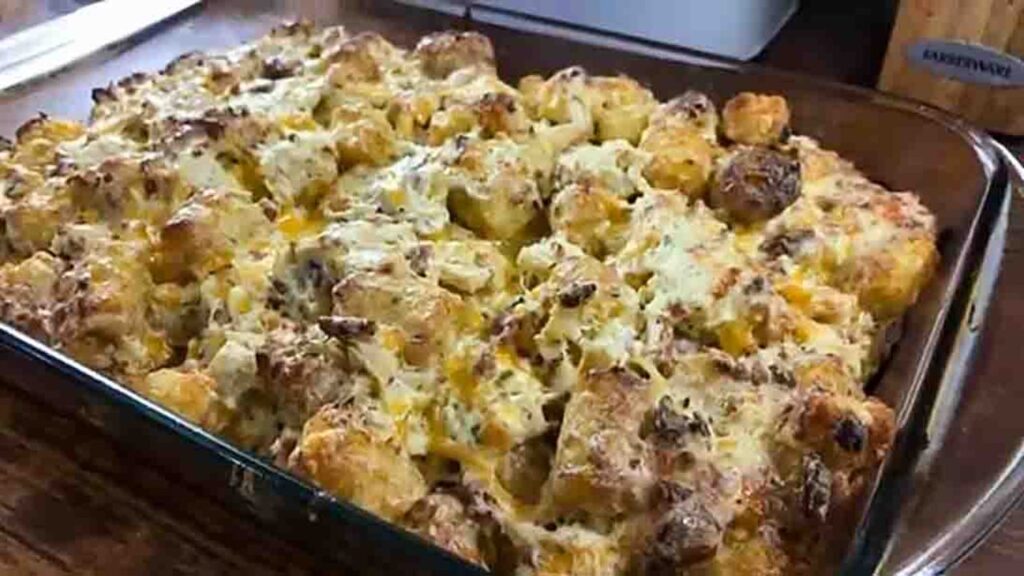 Cracked Out Chicken Tater Tot Casserole, homemade and freshly served
