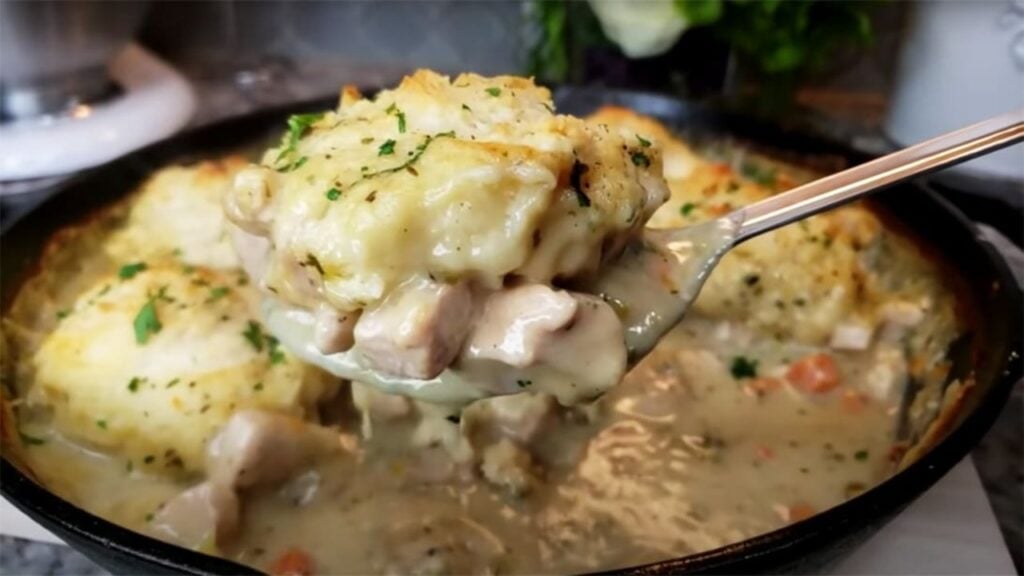 One-Pot Creamy Chicken and Biscuits Casserole, homemade and freshly served
