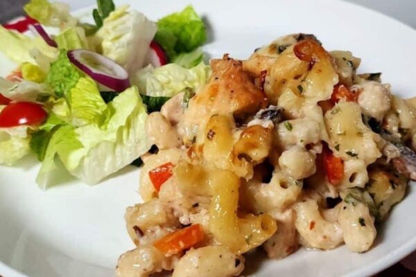 Creamy Chicken Mushroom Pasta Bake, homemade and freshly served