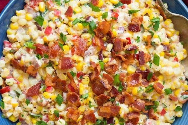 Creamy Confetti Corn With Bacon, homemade and freshly served