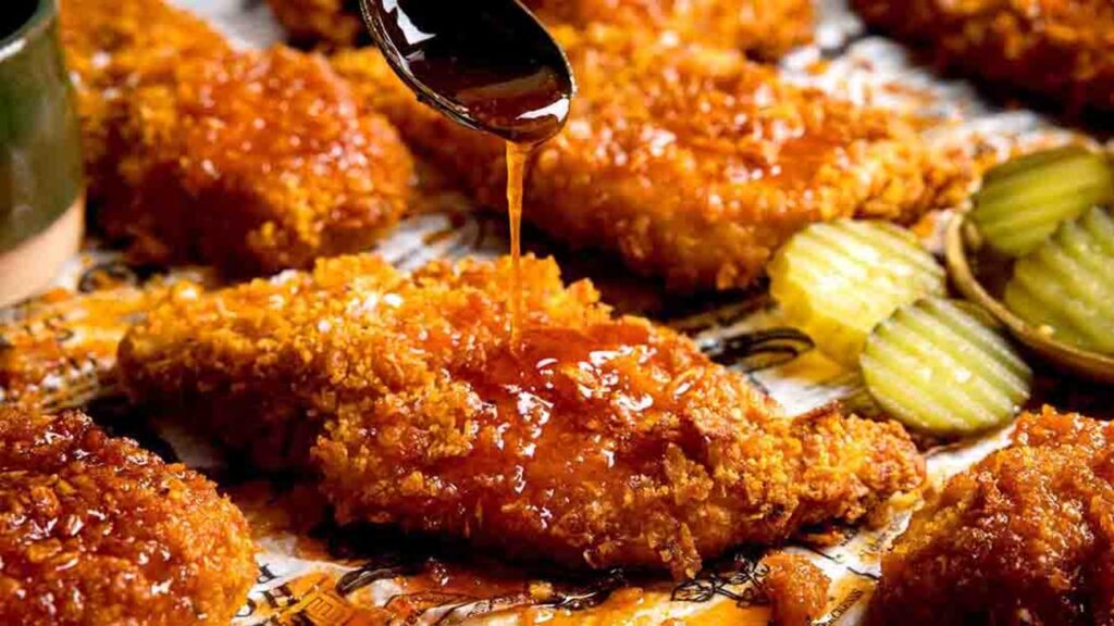 Crispy Chicken with Hot Honey Sauce, homemade and freshly served