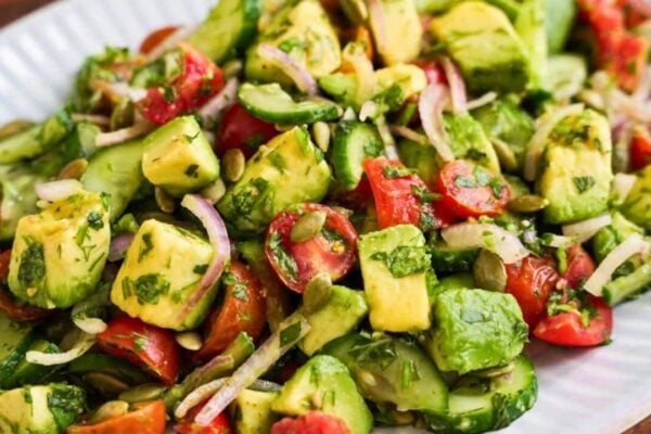 Cucumber Tomato Avocado Salad, homemade and freshly served
