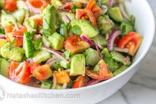Cucumber Tomato Avocado Salad, homemade and freshly served