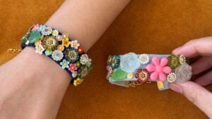DIY bracelet ideas - finished denim flower bracelet made from old jeans with beads and buttons