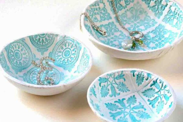 Finished DIY Air-Dry Stamped Clay Bowls, a completed DIY project