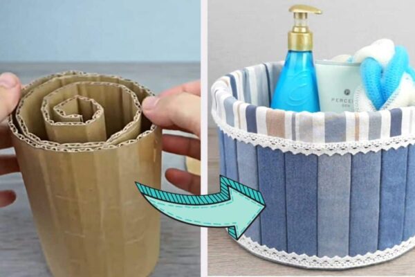 Finished DIY Basket from Old Jeans and Cardboard, a completed DIY project