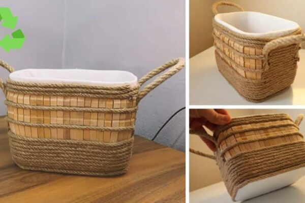 Finished DIY Basket Made From Plastic Bottle and Jute Rope, a completed DIY project