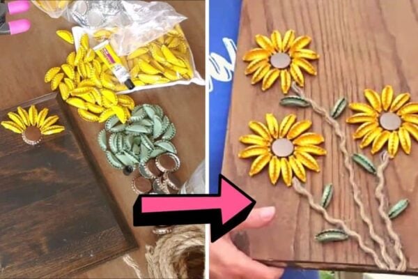 Finished DIY Bottle Cap Sunflower Art, a completed DIY project