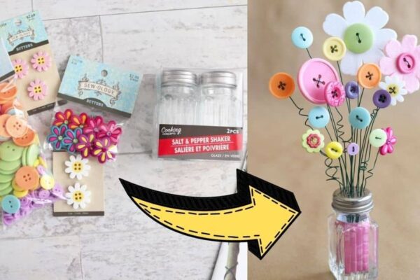 Finished DIY Button Bouquet In A Salt Shaker, a completed DIY project