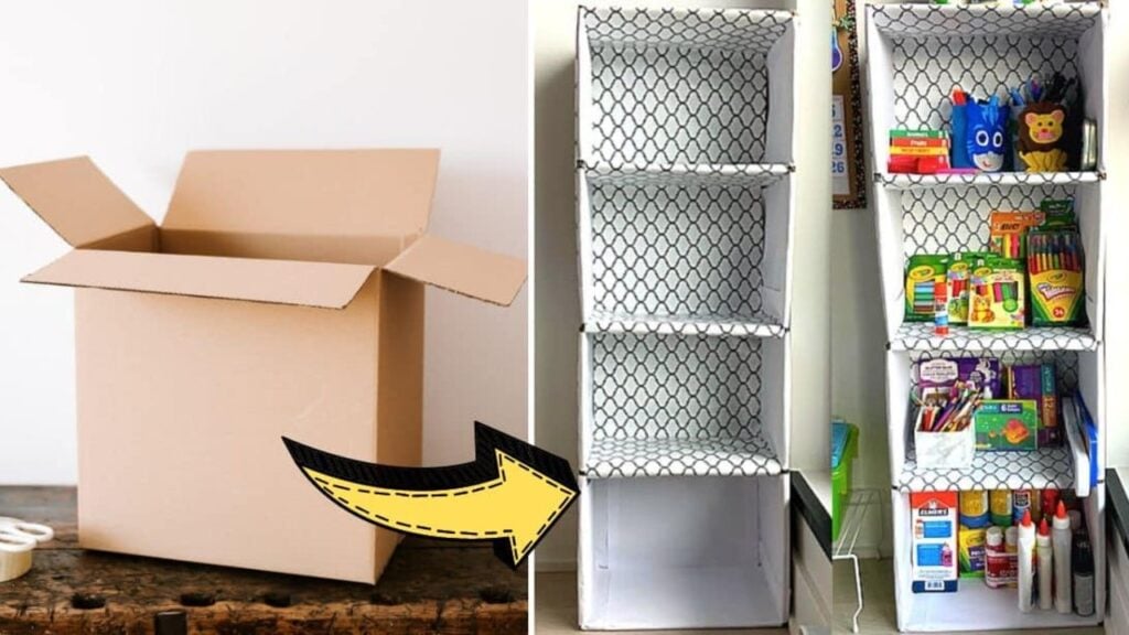 Finished DIY Shelf Organizer Using Cardboard Boxes, a completed DIY project