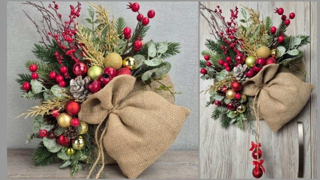 Finished DIY Christmas Burlap Bag Decor, a completed DIY project