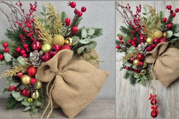 Finished DIY Christmas Burlap Bag Decor, a completed DIY project