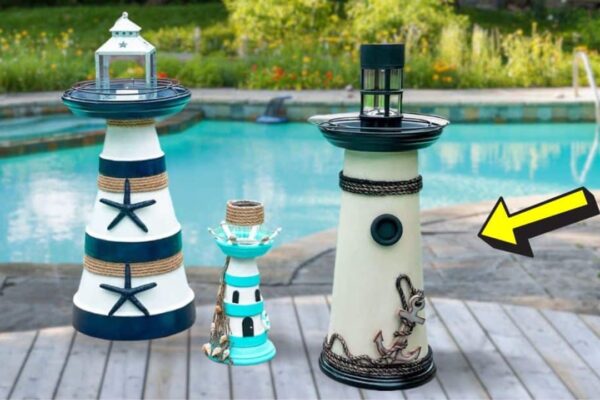 Finished DIY Clay Pot Garden Lighthouse, a completed DIY project