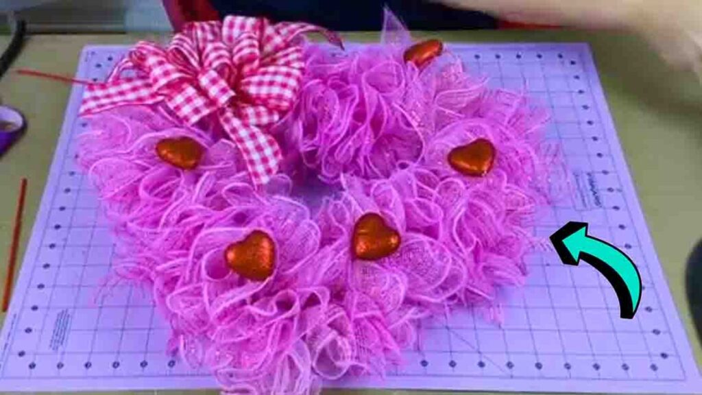 Finished DIY Deco Mesh Valentine’s Day Wreath, a completed DIY project