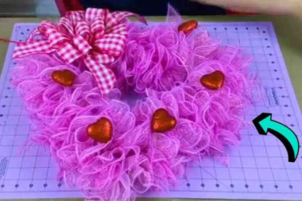 Finished DIY Deco Mesh Valentine’s Day Wreath, a completed DIY project