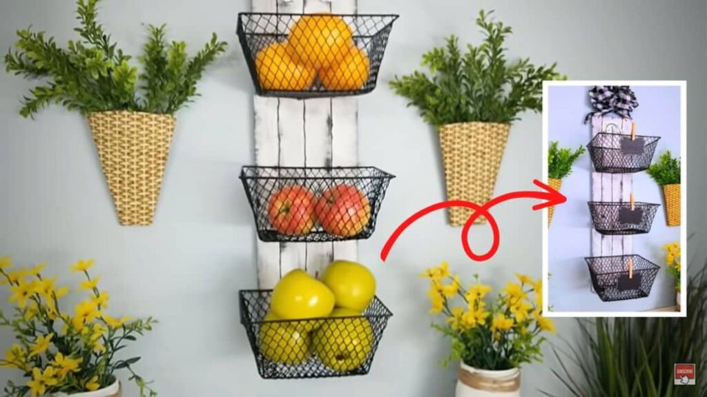 Finished DIY Dollar Tree 3-Basket Hanging Shelf Decor, a completed DIY project