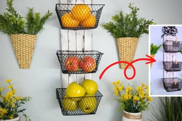 Finished DIY Dollar Tree 3-Basket Hanging Shelf Decor, a completed DIY project