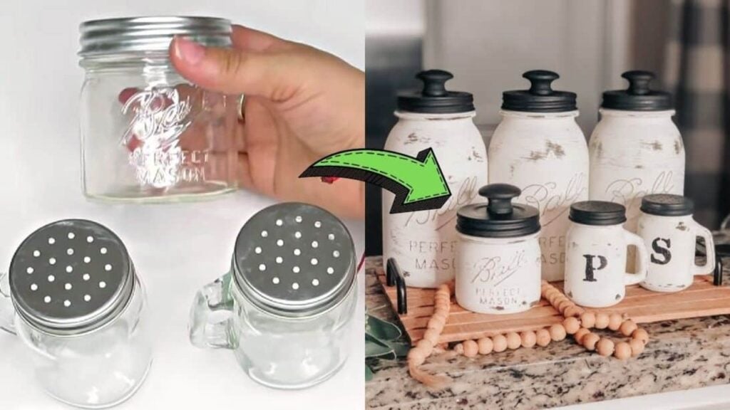 Finished DIY Farmhouse Mason Jar Storage Set, a completed DIY project