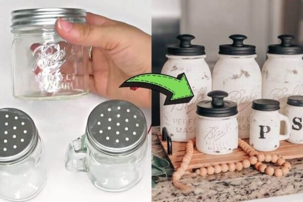 Finished DIY Farmhouse Mason Jar Storage Set, a completed DIY project