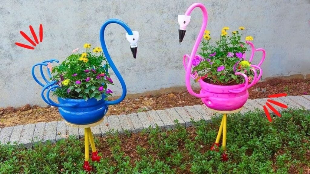 Finished DIY Flamingo Flower Pots, a completed DIY project