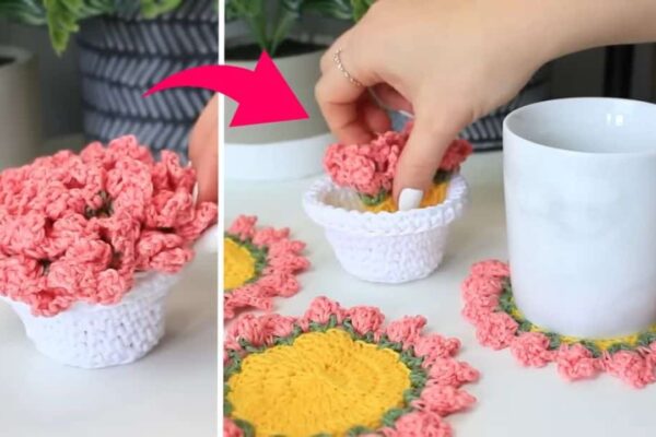 Finished DIY Flower Pot Crochet Coaster, a completed DIY project
