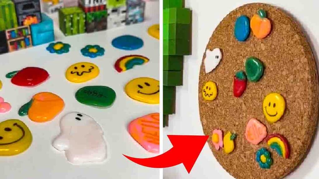 Finished DIY Hot Glue Pin Badges, a completed DIY project